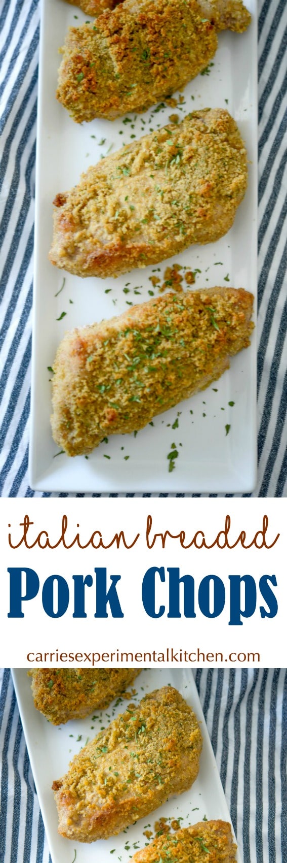 Simple to make with only three ingredients, these Italian Breaded Pork Chops will be your new go-to weeknight dinner recipe. #pork #porkchops