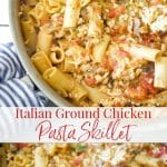 A dish is filled with food, with Chicken and Pasta