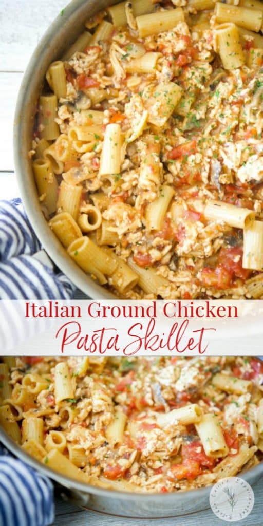 A dish is filled with food, with Chicken and Pasta