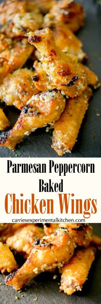 Chicken wings baked until crispy and golden brown; then topped with a Parmesan peppercorn garlic butter sauce. 