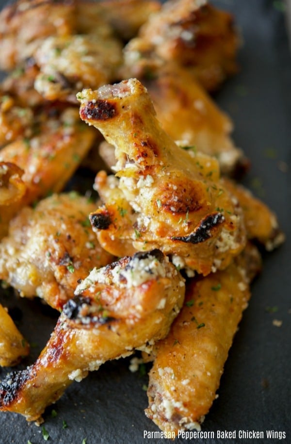 Chicken wings baked until crispy and golden brown; then topped with a Parmesan peppercorn garlic butter sauce. 