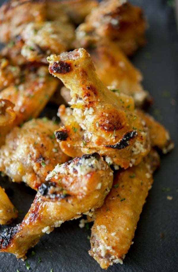 Chicken wings baked until crispy and golden brown; then topped with a Parmesan peppercorn garlic butter sauce. 