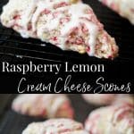 Raspberry Lemon Cream Cheese Scones made with fresh raspberries, lemon zest and cream cheese; then topped with a lemony sugar glaze.