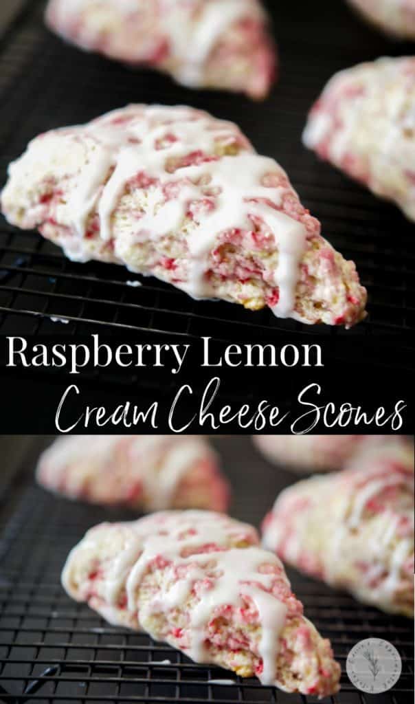 Raspberry Lemon Cream Cheese Scones made with fresh raspberries, lemon zest and cream cheese; then topped with a lemony sugar glaze. 