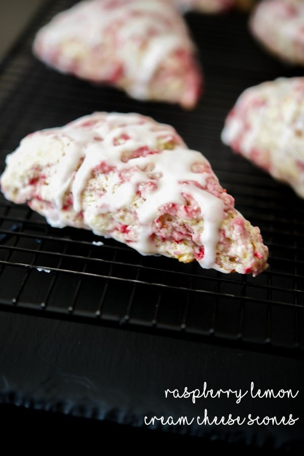 Raspberry Lemon Cream Cheese Scones on a cooling rack. 