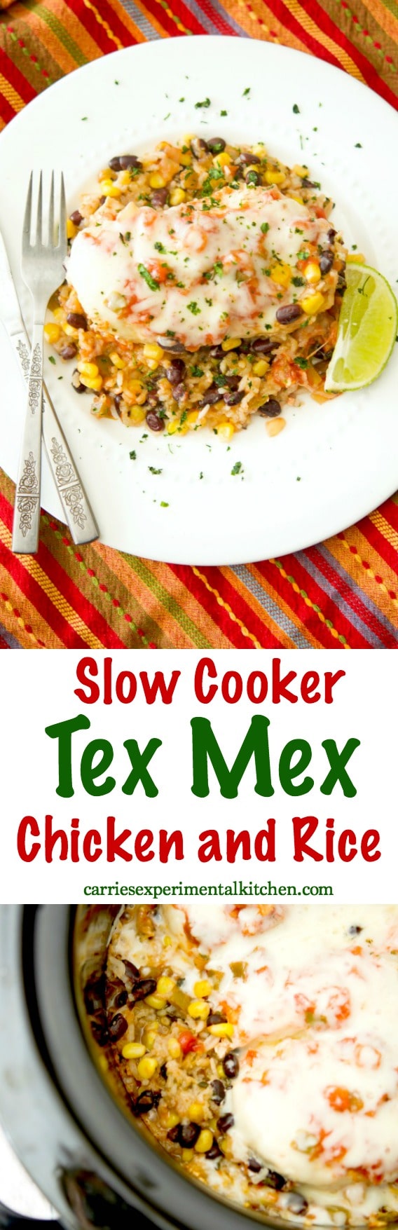 If you're looking for a healthy, quick and easy weeknight meal, this Slow Cooker Tex Mex Chicken and Rice made with black beans, corn, salsa and boneless chicken breasts is definitely for you. #chicken #slowcooker #crockpot #healthy