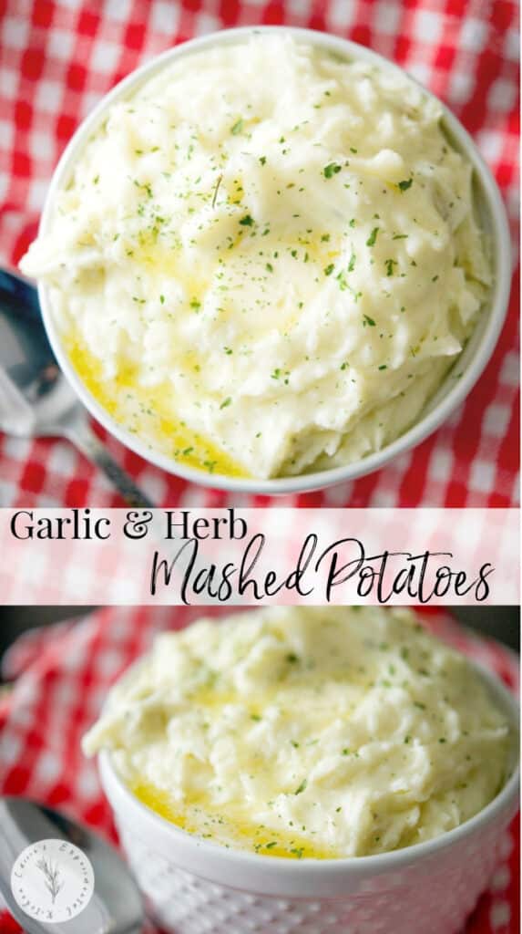 Creamy Garlic and Herb Mashed Potatoes in a white bowl collage 