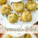 Fried Guacamole Bites on a white plate with sauce collage