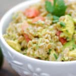 Guacamole Farro Salad made with avocados, tomatoes, onion, cilantro and lime juice.