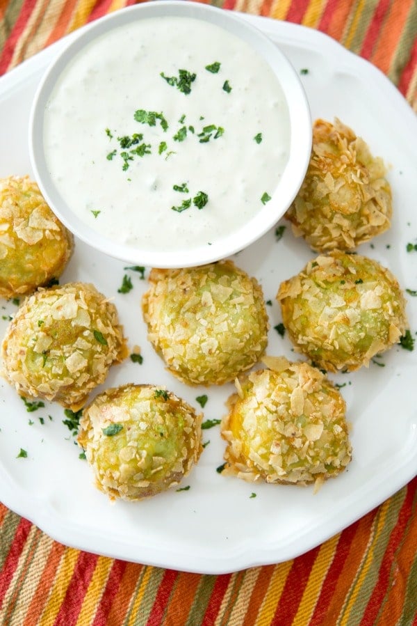 Fried Guacamole Bites on a white plate with sauce. 