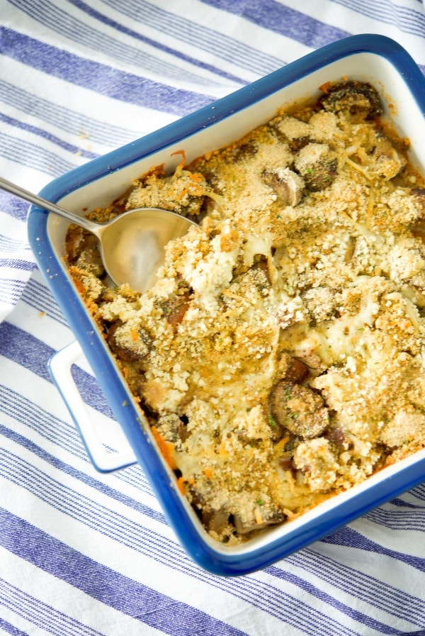 Parmesan Baked Mushrooms in a dish. 