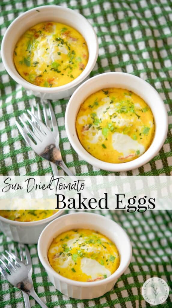 Farm fresh eggs combined with sun dried tomatoes, Garlic & Herb cheese and scallions; then baked is a heart healthy, low carb meal. 