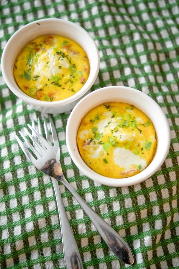 Baked eggs in ramekins. 