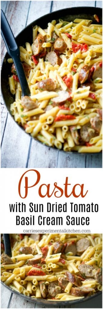 A cllage photo of Pasta with Sun Dried Tomato Basil Cream Sauce in a skillet.