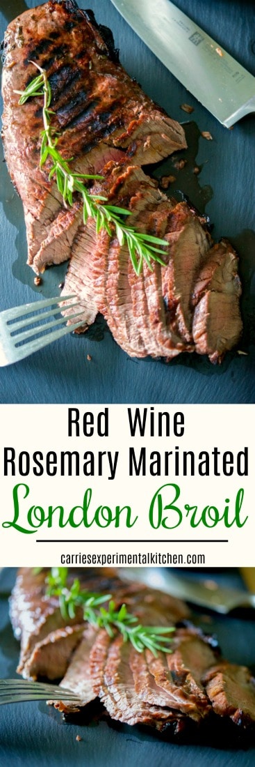 Beef London broil marinated in red wine, garlic, rosemary, balsamic vinegar and light olive oil; then grilled to your liking. #beef #londonbroil #steak #dairyfree #whole30 #glutenfree