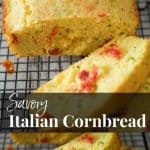 Savory Italian Cornbread made with yellow cornmeal, zucchini, sun dried tomatoes, rosemary and grated Pecorino Romano cheese. 