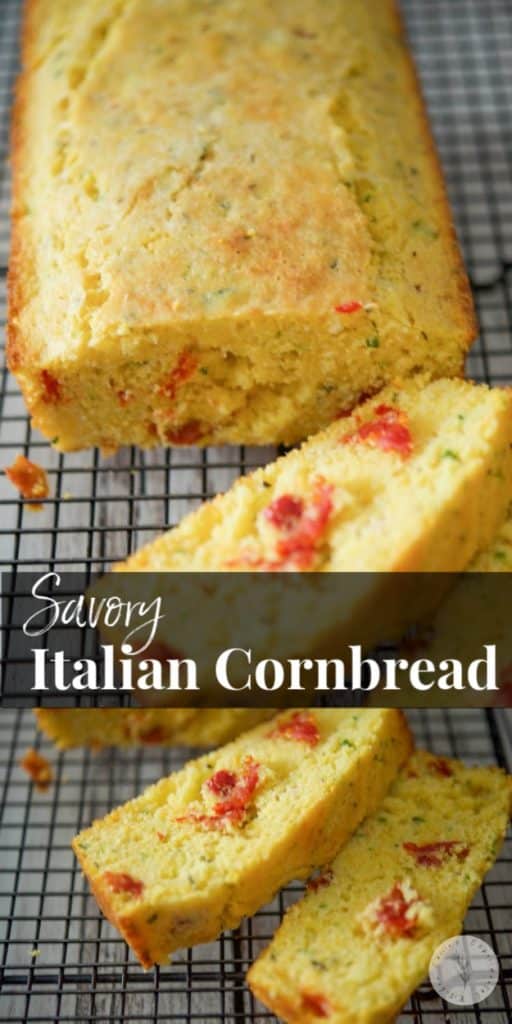 Savory Italian Cornbread made with yellow cornmeal, zucchini, sun dried tomatoes, rosemary and grated Pecorino Romano cheese. 