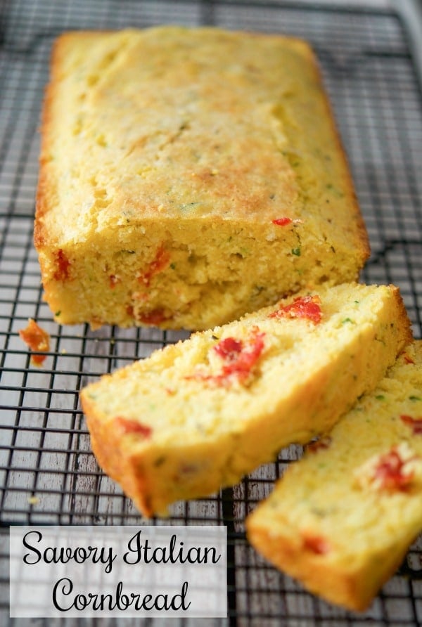 Italian Cornbread sliced on a cooling rack.