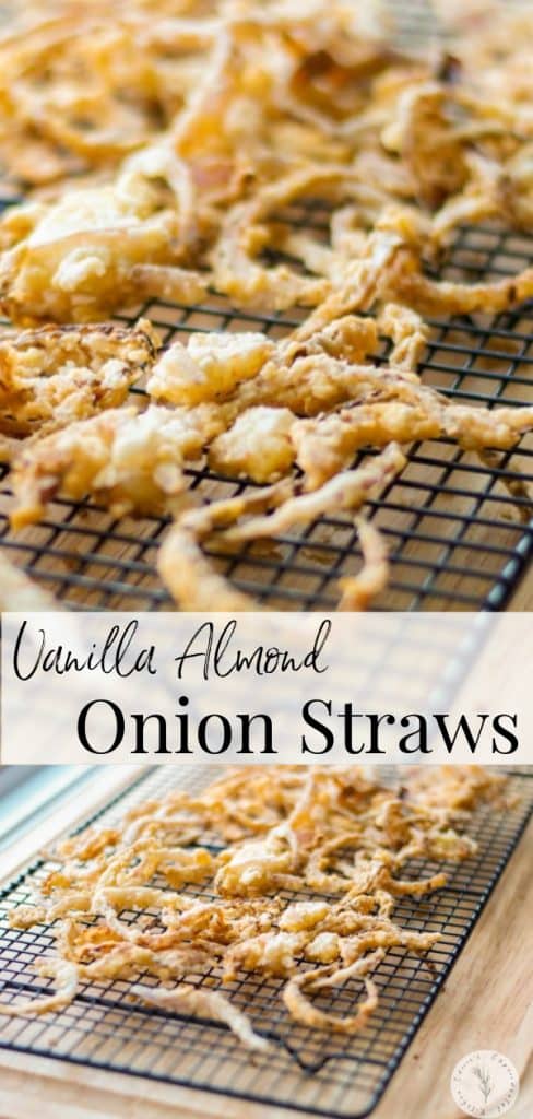 Top your favorite steak or hamburger with these crunchy Vanilla Almond Onion Straws made with vanilla almond milk and red onions.