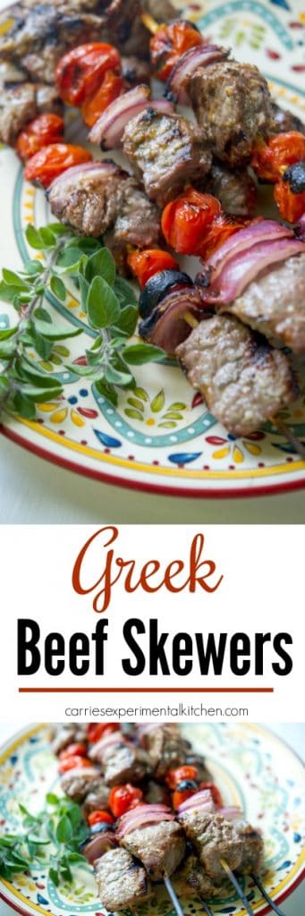 Greek Beef Skewers made with cubed London broil steak marinated in lemon juice, fresh oregano, garlic and light olive oil. 