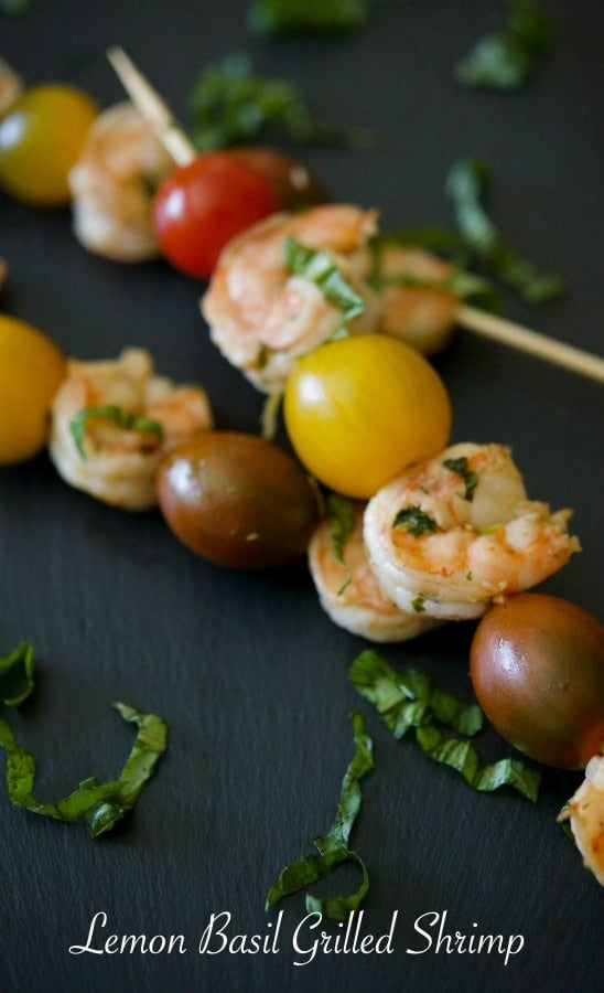 Lemon Basil Grilled Shrimp on a skewer