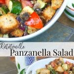 Panzanella Salad made with fresh eggplant, zucchini, mushrooms, garlic & tomatoes tossed with multigrain bread and a light Lemon Chardonnay Vinaigrette.