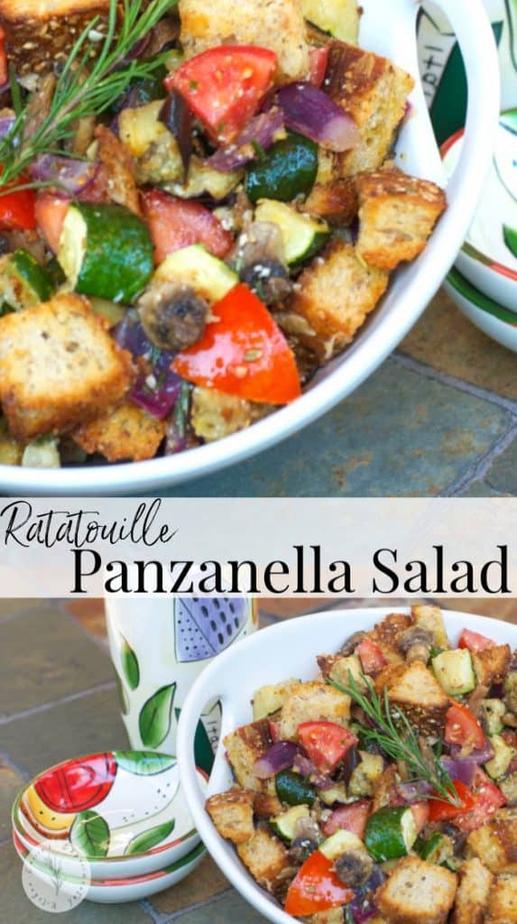 Panzanella Salad made with fresh eggplant, zucchini, mushrooms, garlic and tomatoes tossed with multigrain bread and a light Lemon Chardonnay Vinaigrette.