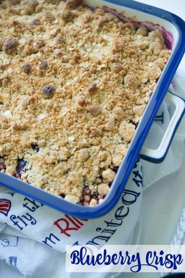 Blueberry Crisp in a blue and white baking dish. 