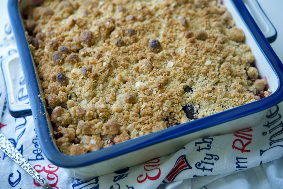 Blueberry Crisp in a baking dish.