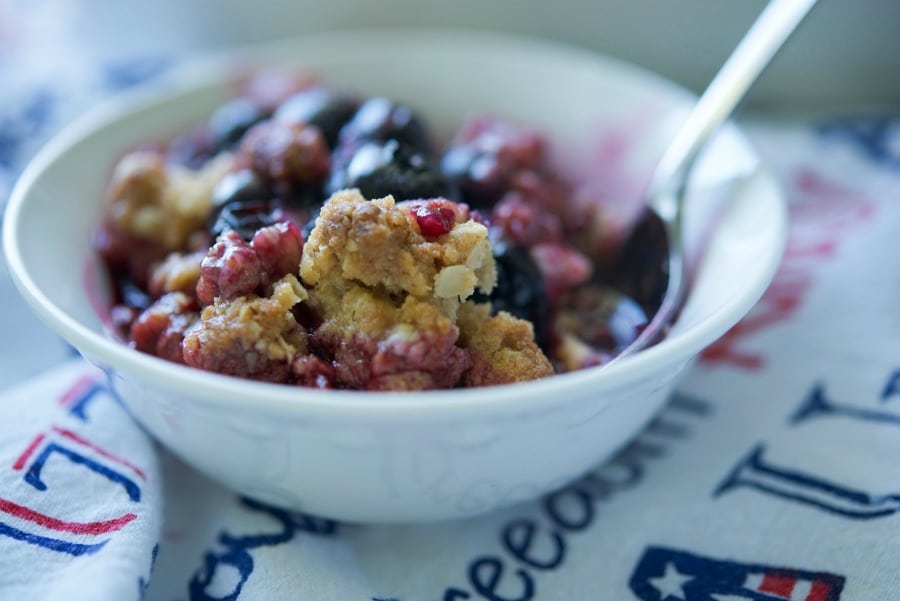A close up Blueberry Crisp in a bowl.