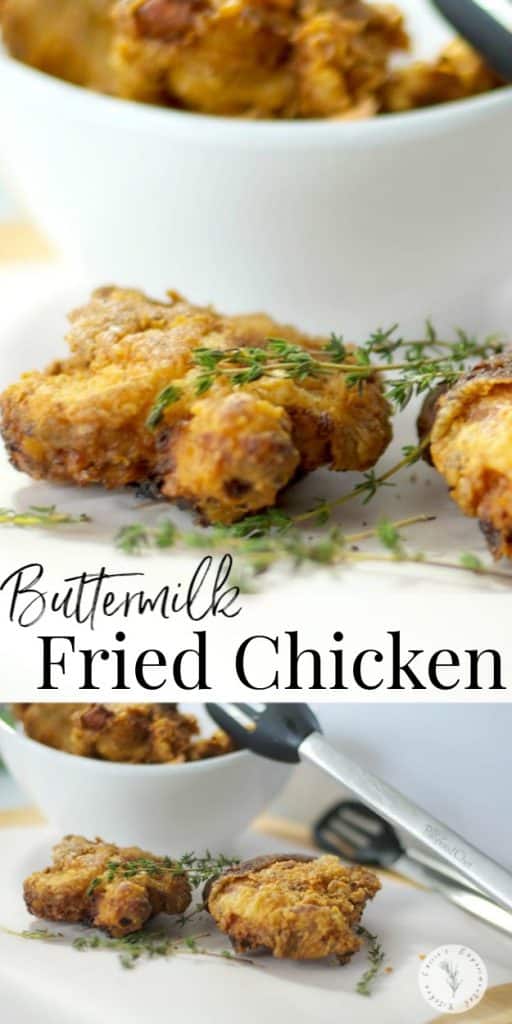 Buttermilk Fried Chicken made with bone-in chicken thighs that are soaked in buttermilk; then dipped in flour and herbs and fried until crispy. 