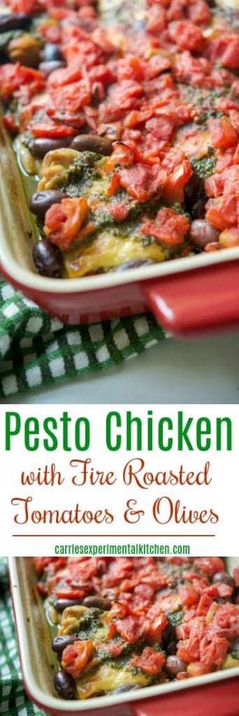 Chicken thighs topped with fresh basil pesto, fire roasted diced tomatoes and Kalamata olives; then baked until tender and juicy.