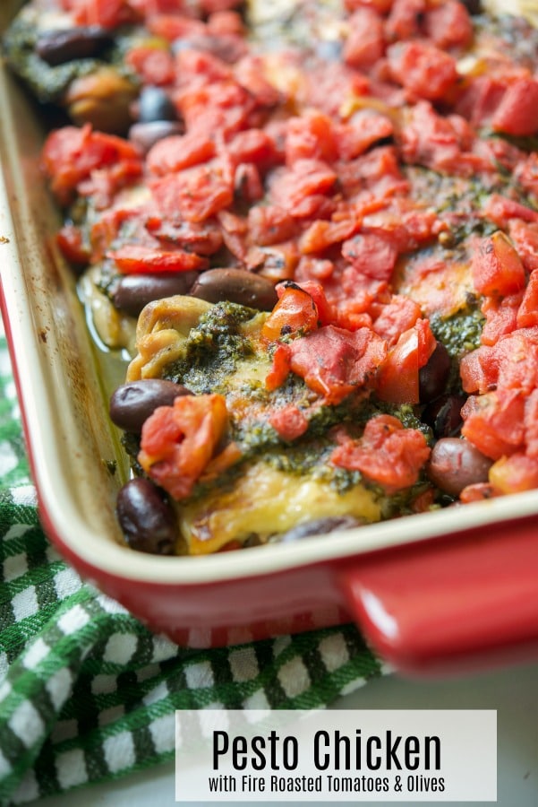 Chicken thighs topped with fresh basil pesto, fire roasted diced tomatoes and Kalamata olives; then baked until tender and juicy. 