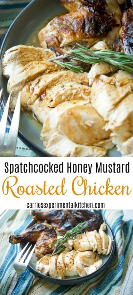 Spatchcocked Honey Mustard Roasted Chicken is a delicious, quicker way to roast a whole chicken without cutting it completely into parts. 