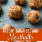 These Cheesy Italian Sausage Meatballs made with sun dried tomatoes, fresh basil, mozzarella and Pecorino Romano cheeses is sure to please the game day snacker in your family.