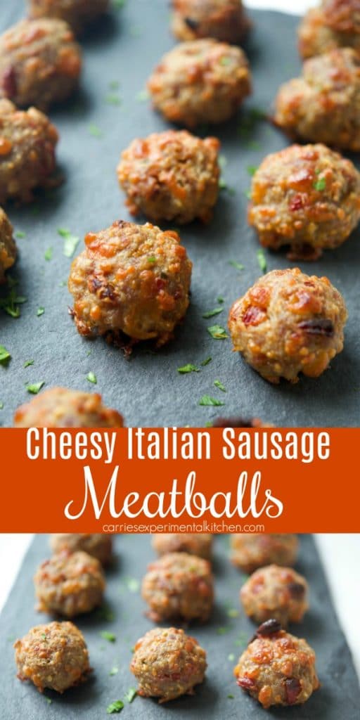 These Cheesy Italian Sausage Meatballs made with sun dried tomatoes, fresh basil, mozzarella and Pecorino Romano cheese is sure to please the game day snacker in your family.