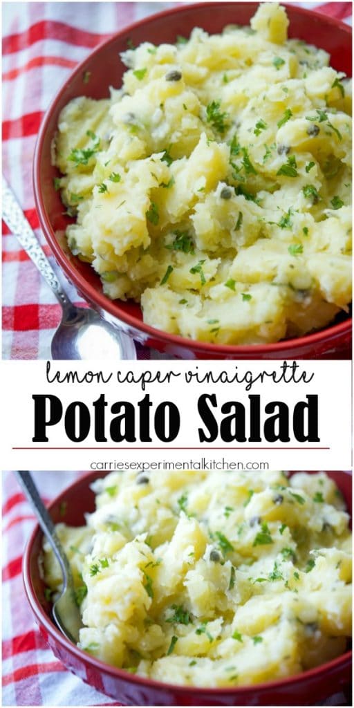 Lemon Caper Vinaigrette Potato Salad in a red bowl collage photo.