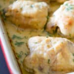 Bone-in chicken thighs topped with a horseradish cream sauce made with horseradish, milk, butter, sour cream and Dijon mustard; then baked until crispy.