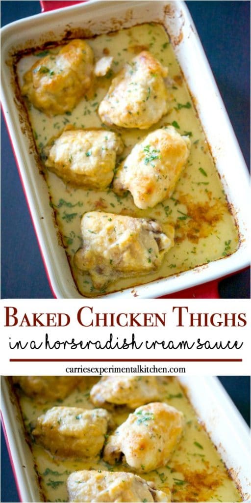 Bone-in chicken thighs topped with a horseradish cream sauce in a red baking dish collage photo.