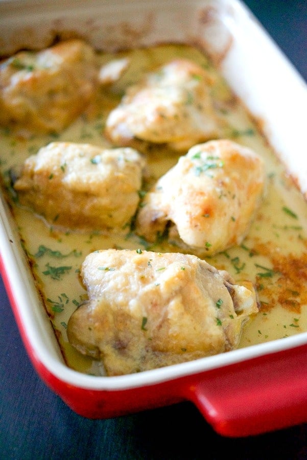 close up of Baked Chicken Thighs in a Horse radish Cream sauce
