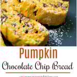 A collage photo of Pumpkin Chocolate Chip Bread sliced on a slate board. 