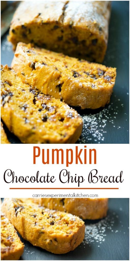 A collage photo of Pumpkin Chocolate Chip Bread sliced on a slate board. 