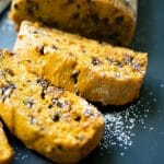 Pumpkin Chocolate Chip Bread sliced on a plate