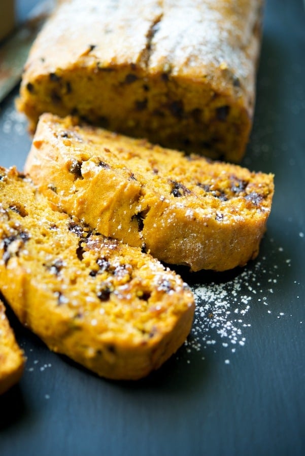 Pumpkin Chocolate Chip Bread sliced on a plate