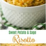 A collage photo of Sweet Potato and Sage Risotto in a white bowl. 