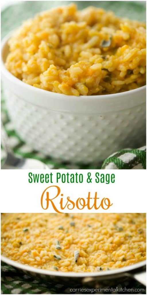 A collage photo of Sweet Potato and Sage Risotto in a white bowl. 