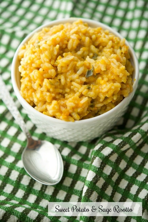 A close up of Sweet Potato and Sage Risotto in a white bowl. 