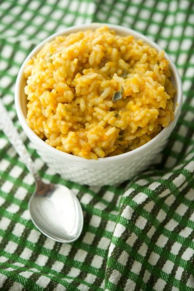 Sweet Potato and Sage Risotto in a white bowl.