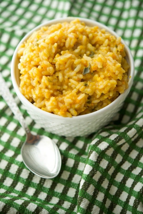 Sweet Potato and Sage Risotto in a white bowl. 