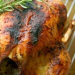 Balsamic Maple Whole Roasted Chicken in a roasting pan